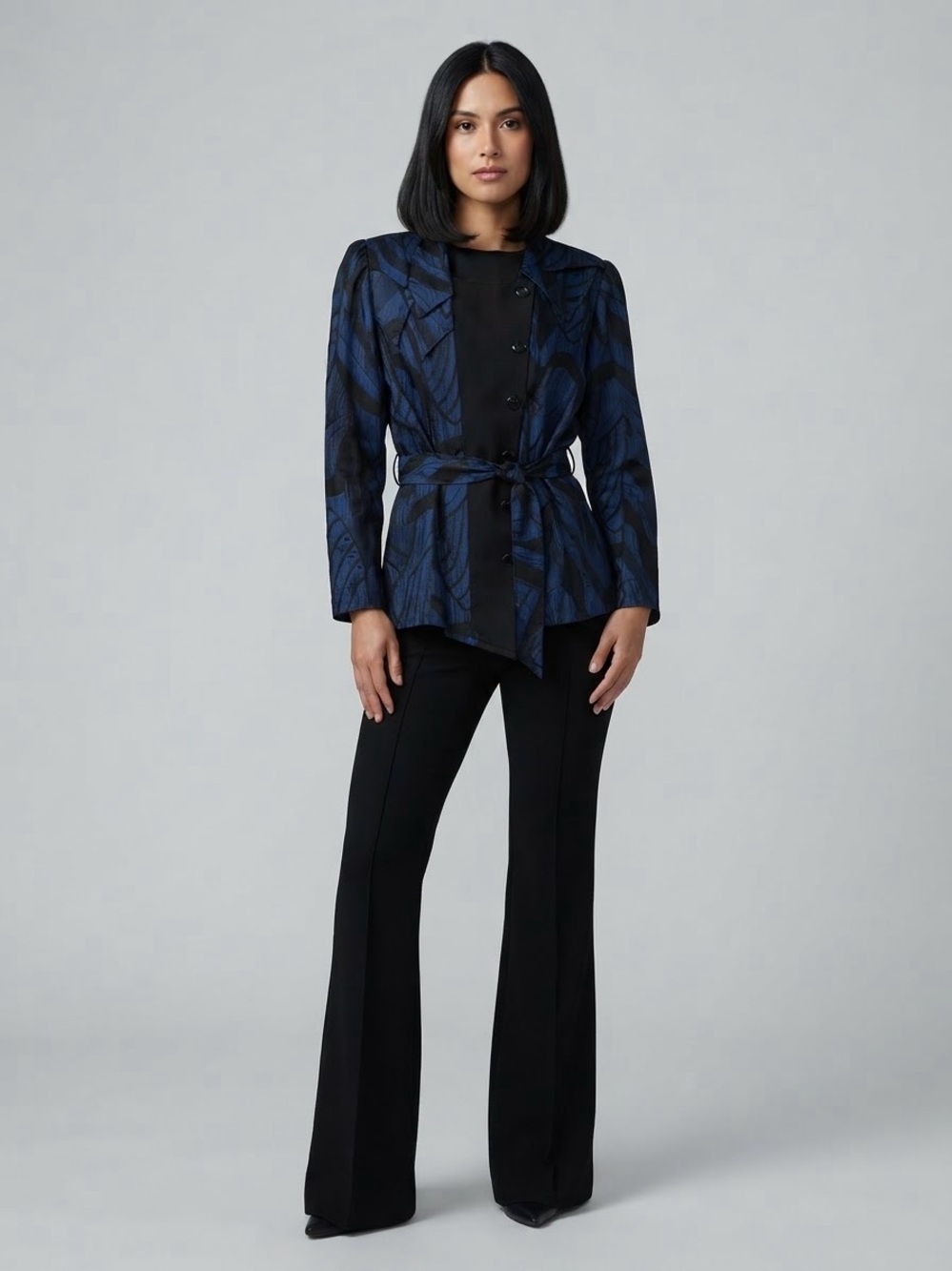 90s Ka Lai Vintage Blue Black Abstract Leaf Jacquard Belted Blazer Asymmetric S